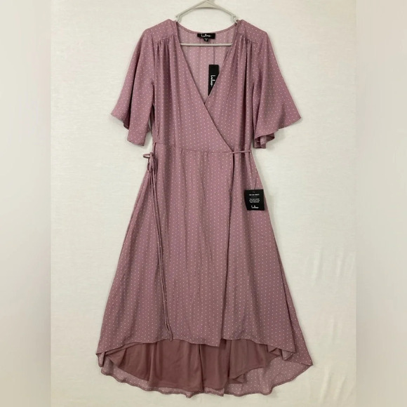 New Lulu's Mauve Color Polka Dot Soft Flowy Wrap Belted Midi Dress Medium - Picture 1 of 11